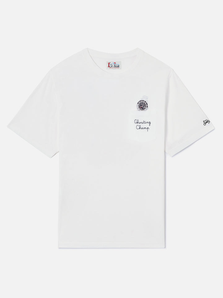 Camiseta de algodón Connor blanca con estampado de reloj y bordado Ghosting Champ 
