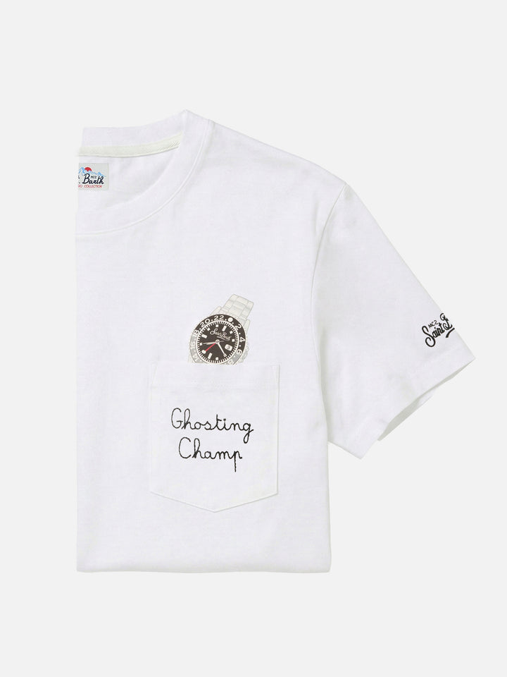White Connor cotton t-shirt with watch print and Ghosting Champ embroidery
