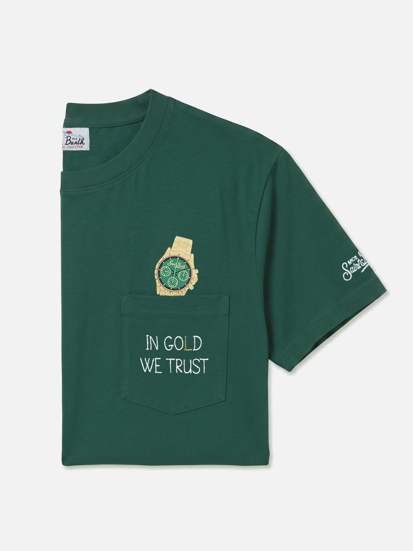 Connor pocket t-shirt in green with In Gold We Trust embroidery