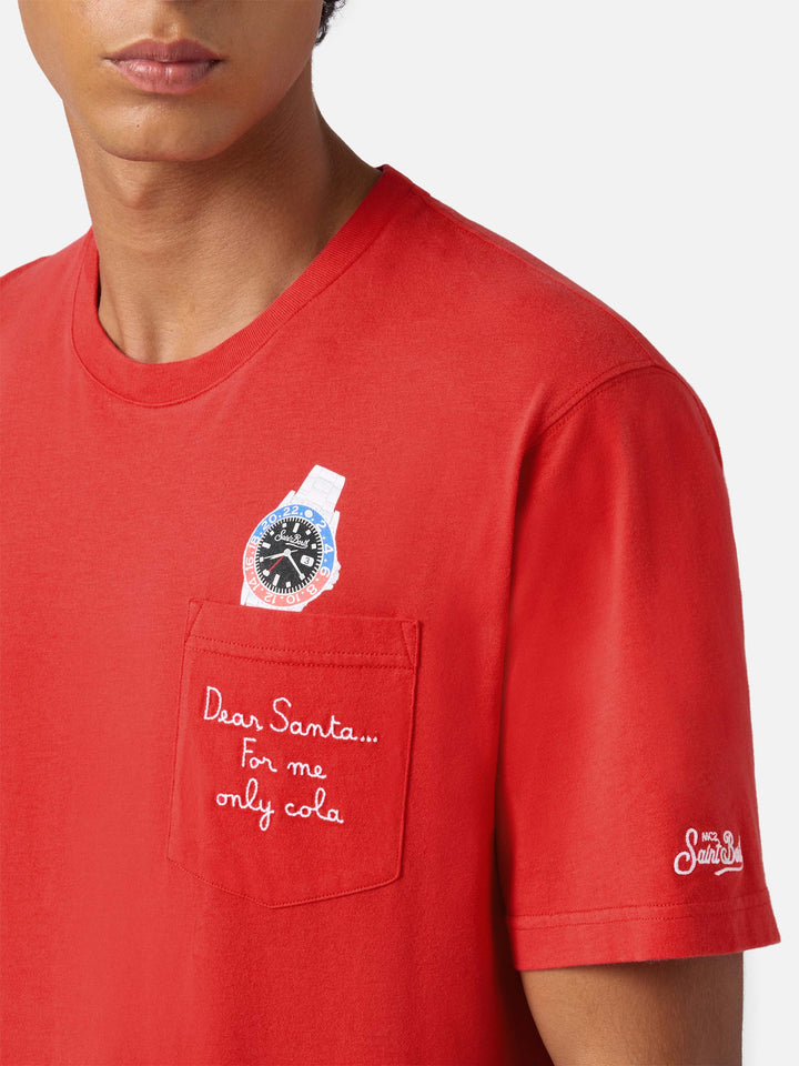 Connor winter cotton T-shirt in red with Dear Santa... pocket embroidery