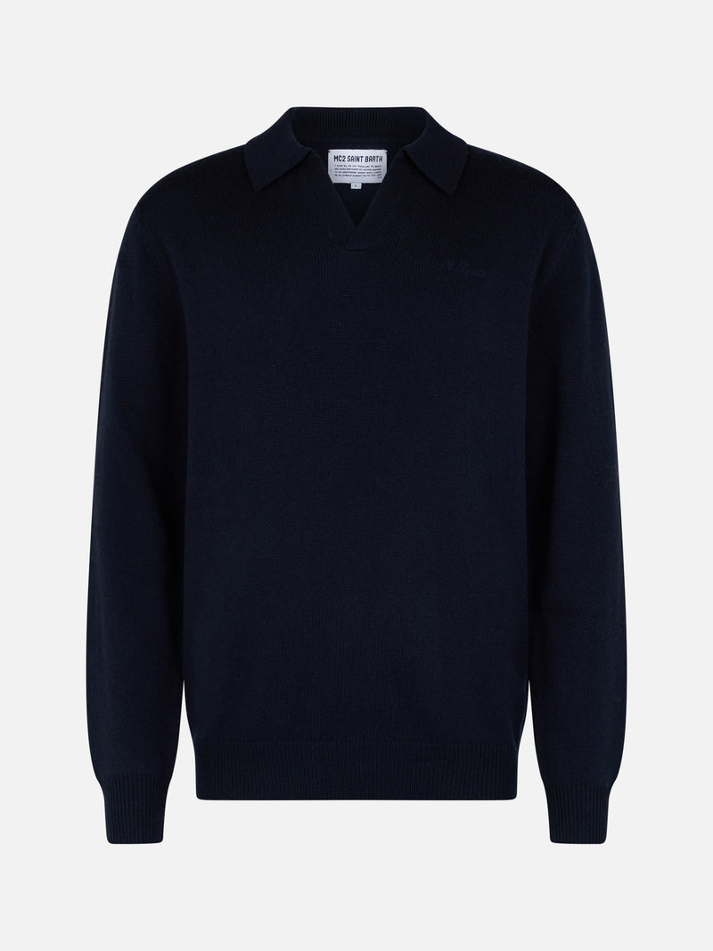 Maglione da uomo blu navy in misto cashmere con collo a polo Covent