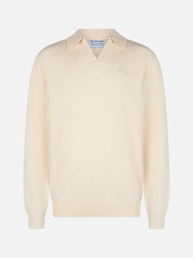 Maglione bianco da uomo misto cashmere con collo a polo Covent