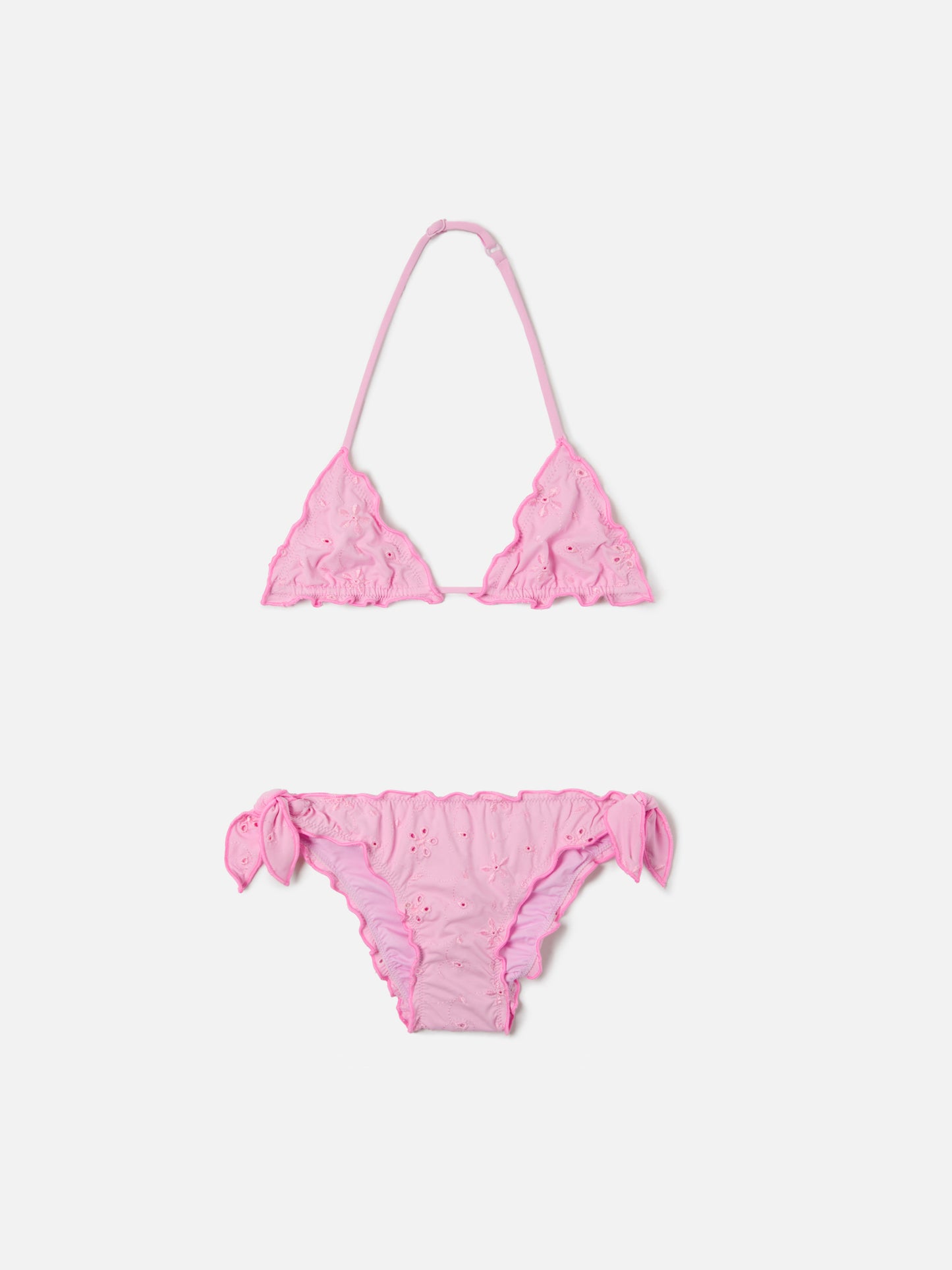 Bikini Cris in tessuto sangallo rosa con bordi arricciati