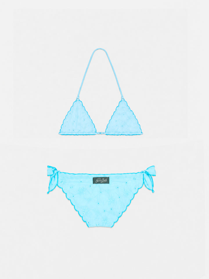 Bikini triangle classique vert d’eau pour fille Cris avec broderie Sangallo 