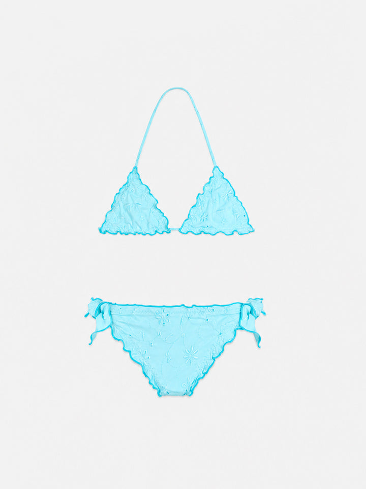Bikini triangle classique vert d’eau pour fille Cris avec broderie Sangallo 