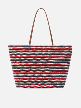 Borsa Tote Crochet a righe blu e rosse con logo ricamato