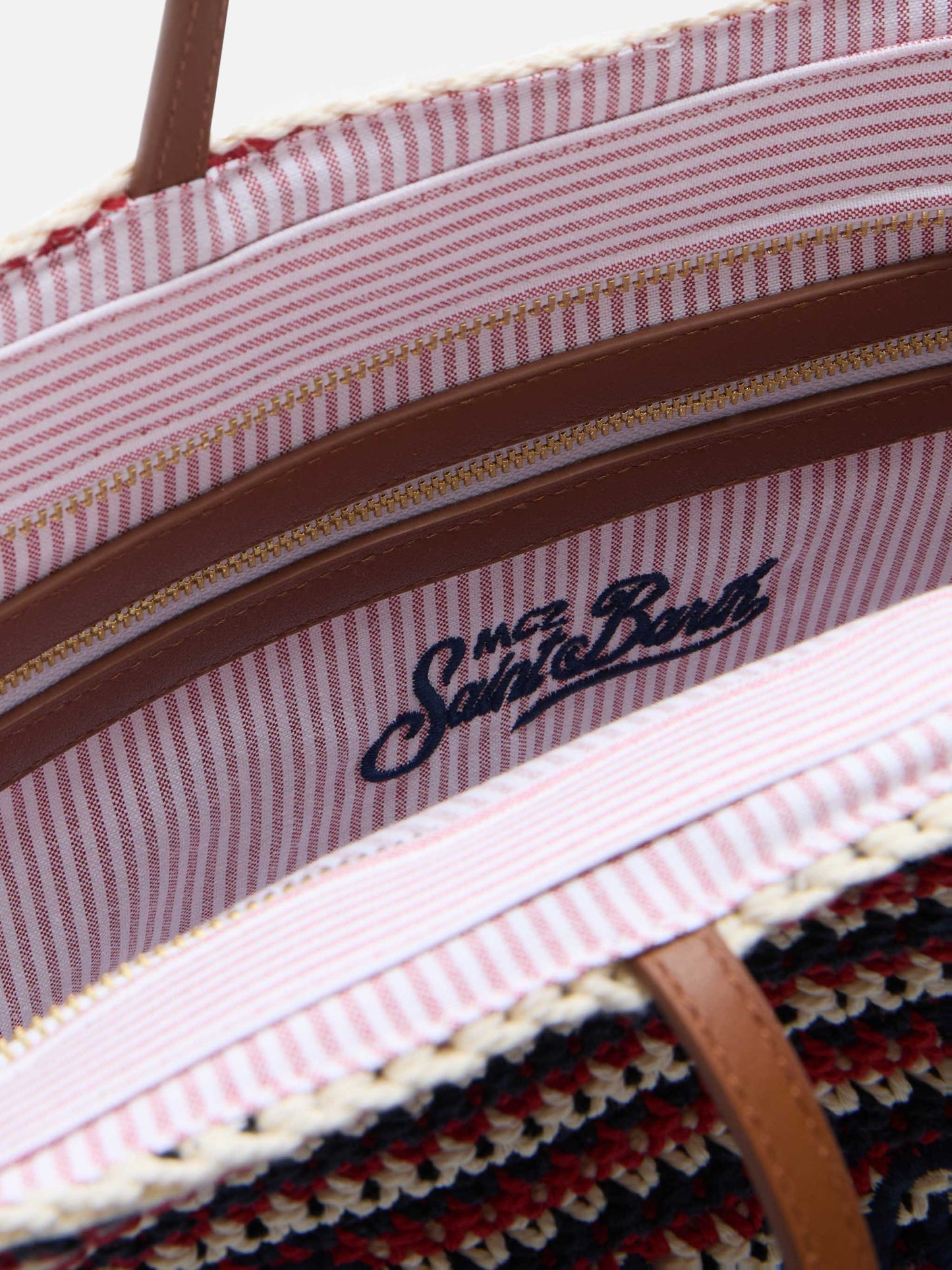 Borsa Tote Crochet a righe blu e rosse con logo ricamato