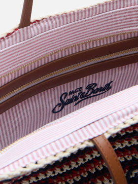 Borsa Tote Crochet a righe blu e rosse con logo ricamato