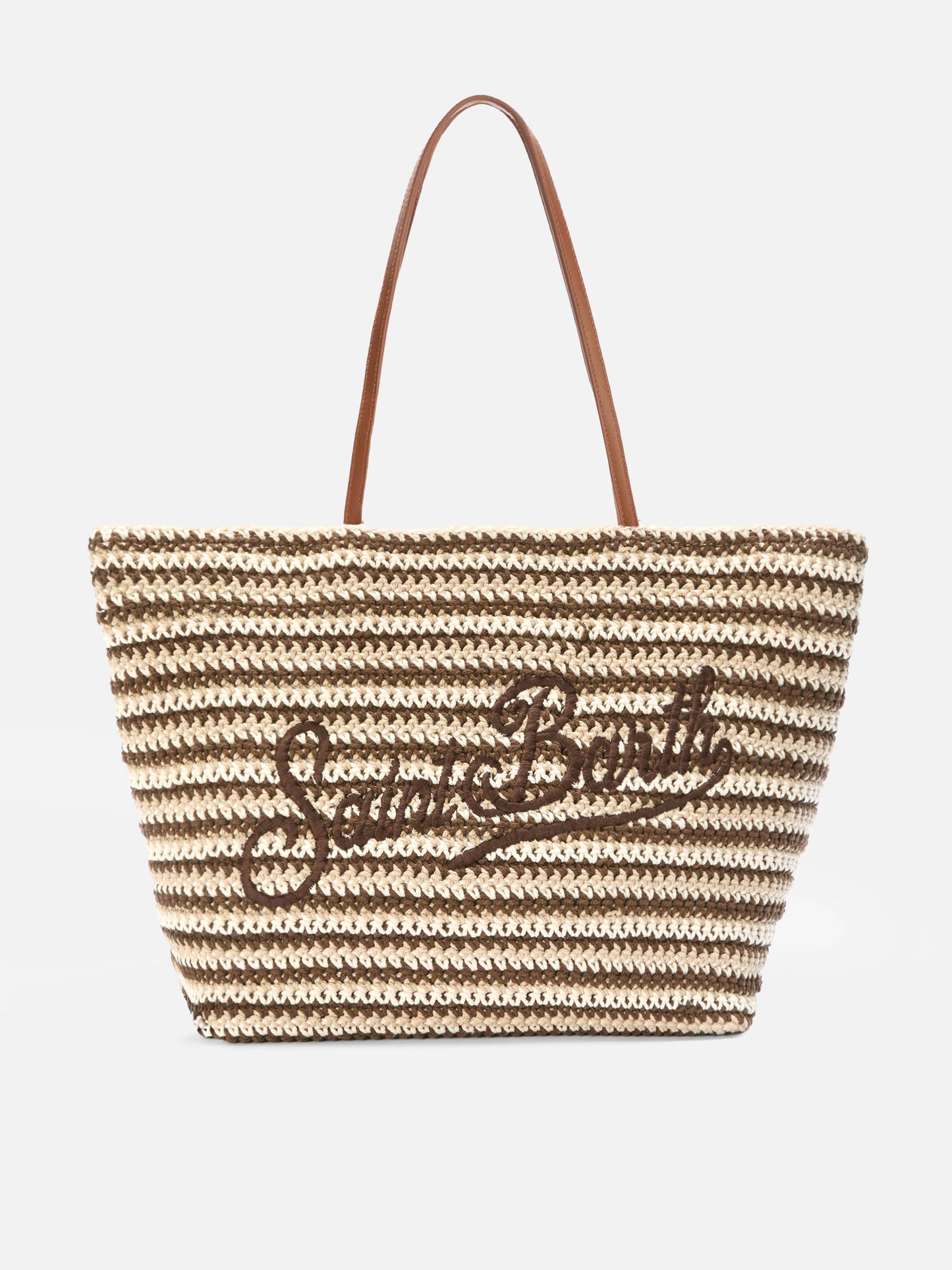 Crochet Tote bag in beige and brown stripes with embroidered logo