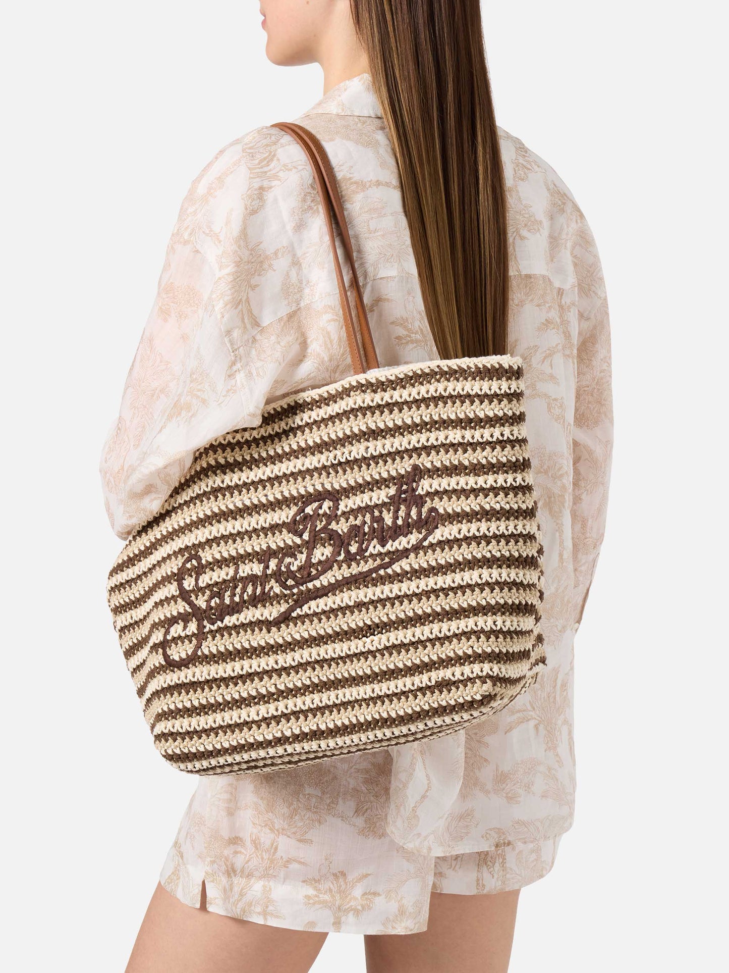 Crochet Tote bag in beige and brown stripes with embroidered logo