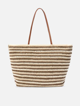 Crochet Tote bag in beige and brown stripes with embroidered logo