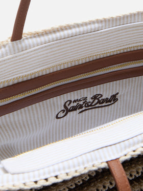 Crochet Tote bag in beige and brown stripes with embroidered logo
