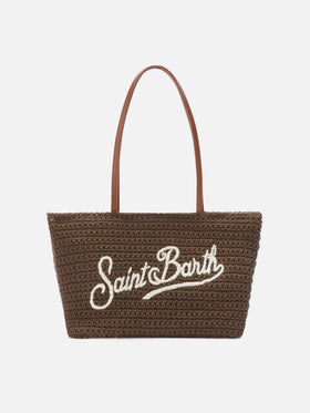 Crochet Tote medium brown bag with embroidered logo