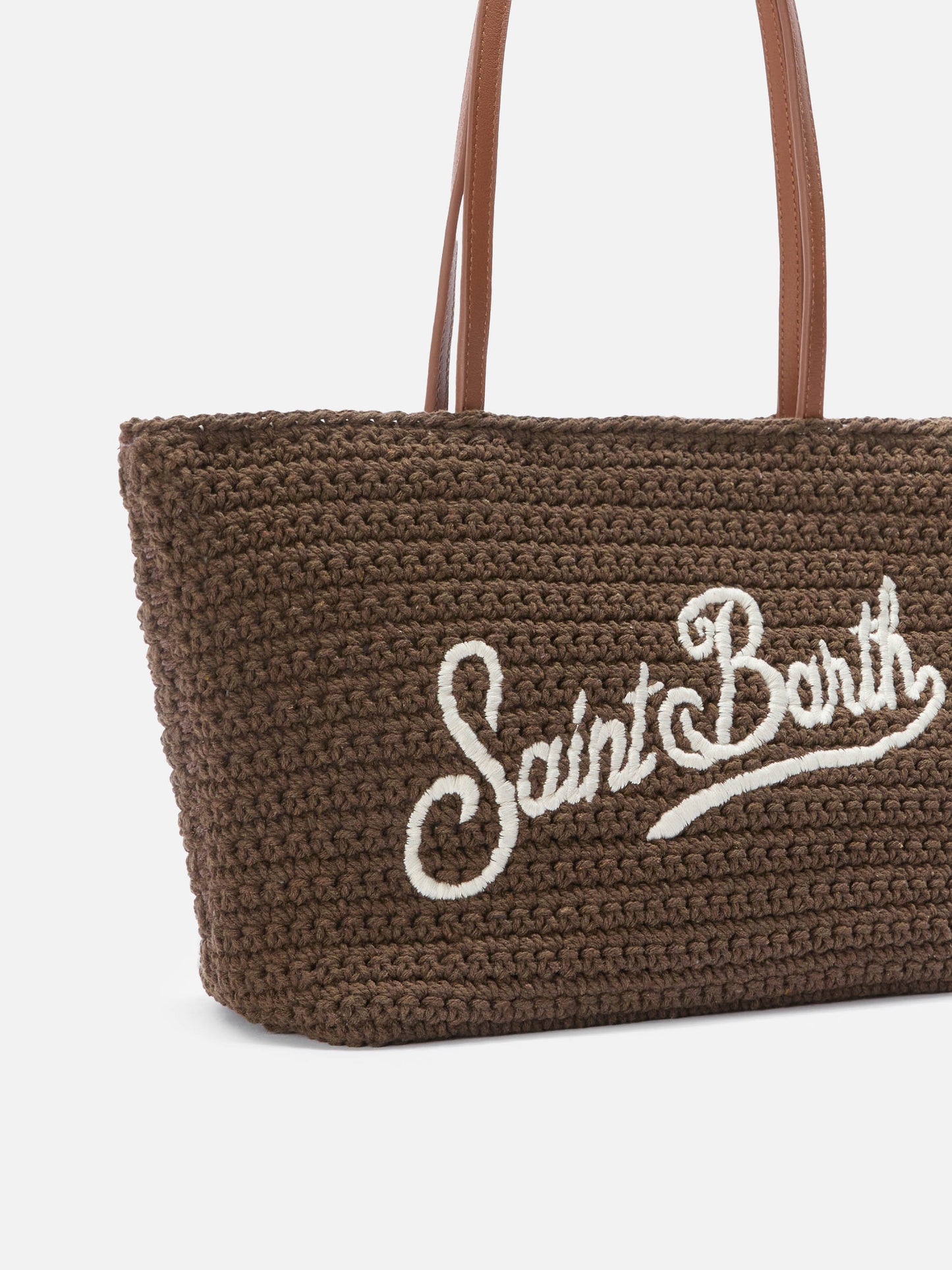 Crochet Tote medium brown bag with embroidered logo