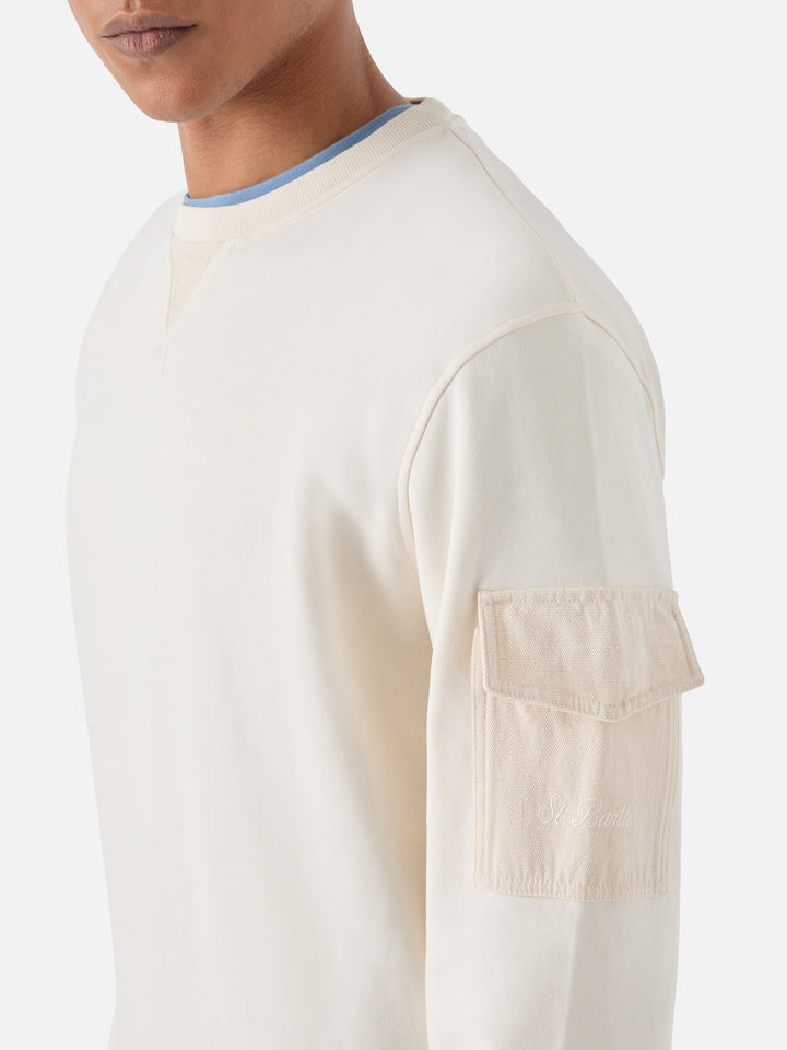 Felpa Chester in felpa tinta unita crema con tasca applicata