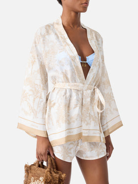 Kimono corto Carly de seda con estampado toile de Jouy 