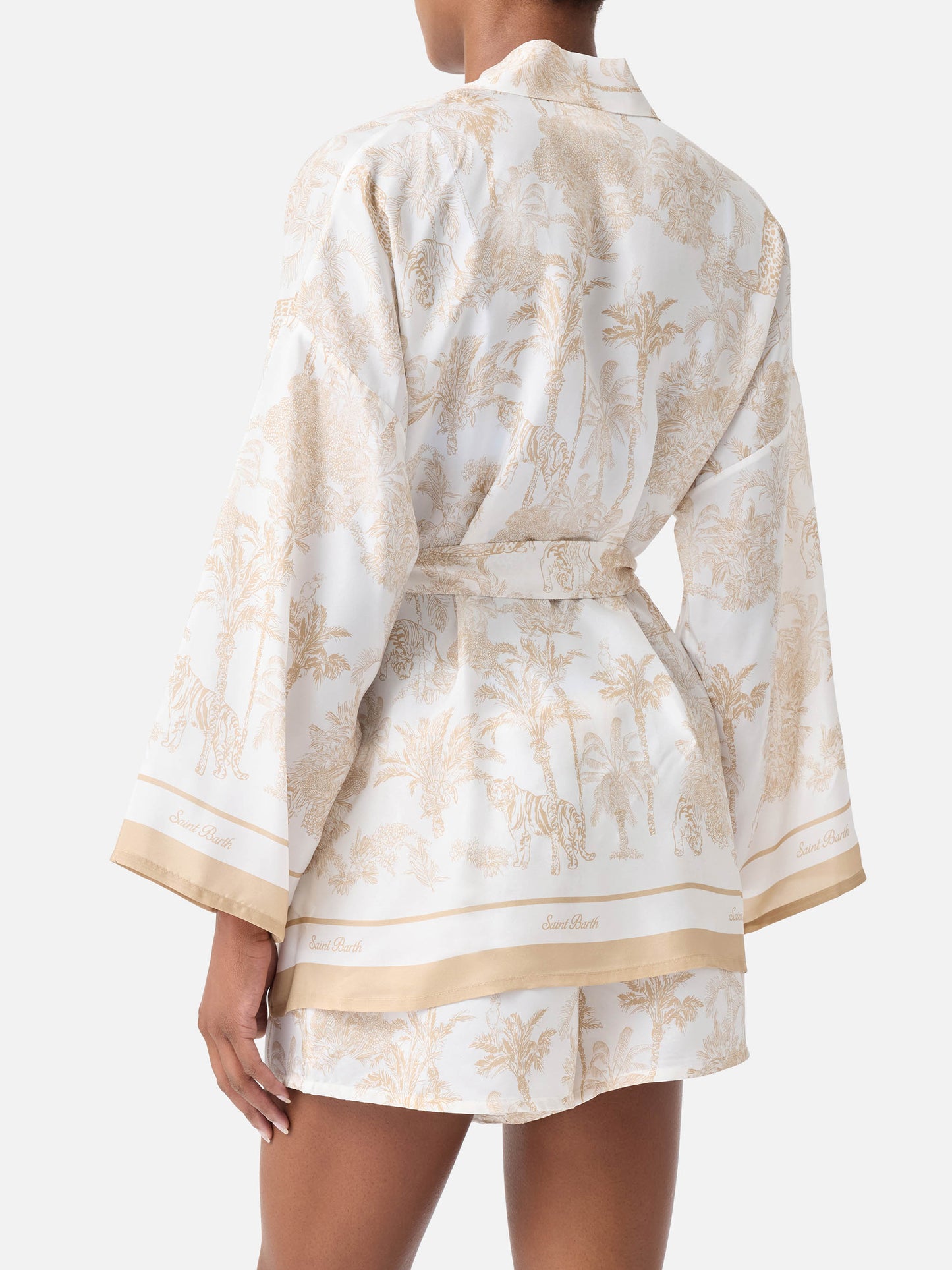 Kimono corto Carly de seda con estampado toile de Jouy 