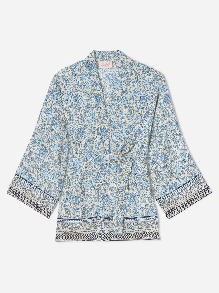 Kimono corto Carly in seta con stampa batik floreale