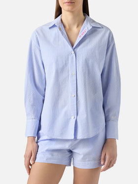 Light blue striped seersucker Cristal shirt with embroidery
