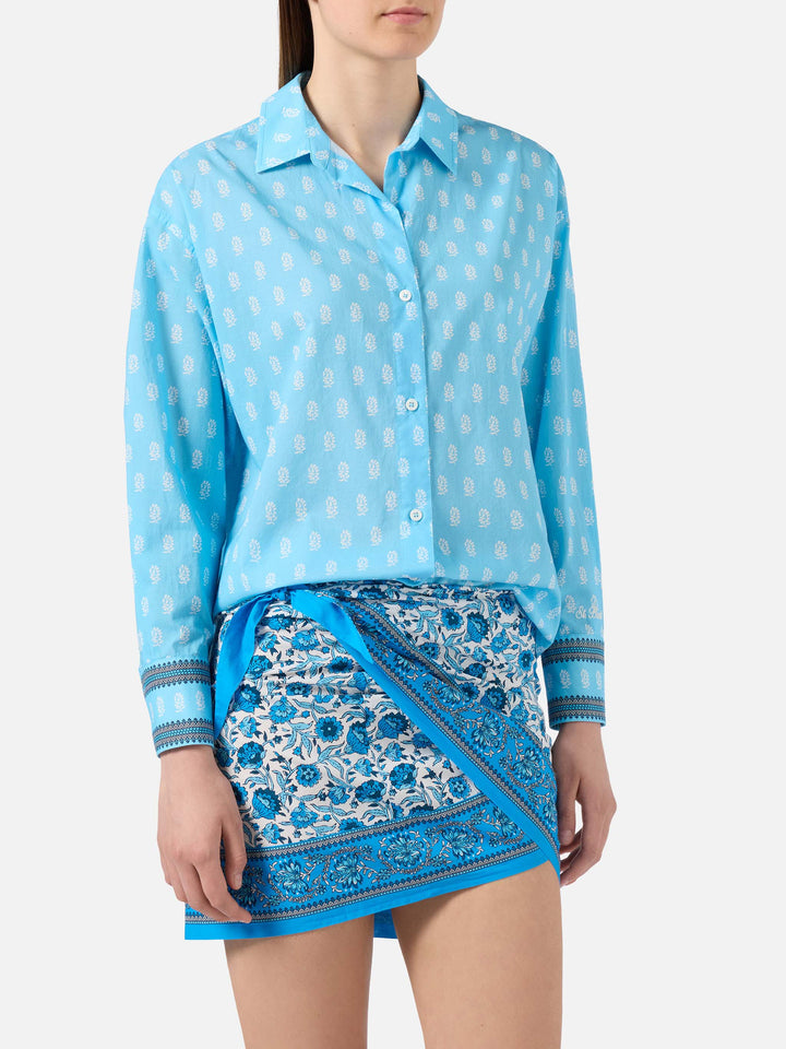 Camicia Cristal in cotone voile azzurro con stampa paisley