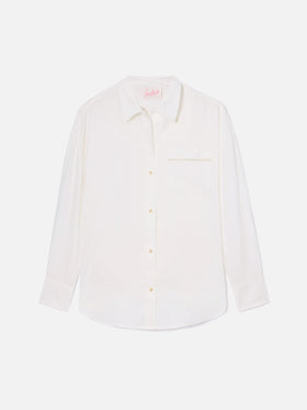 White linen Cristal shirt with perforated Saint Barth embroidery