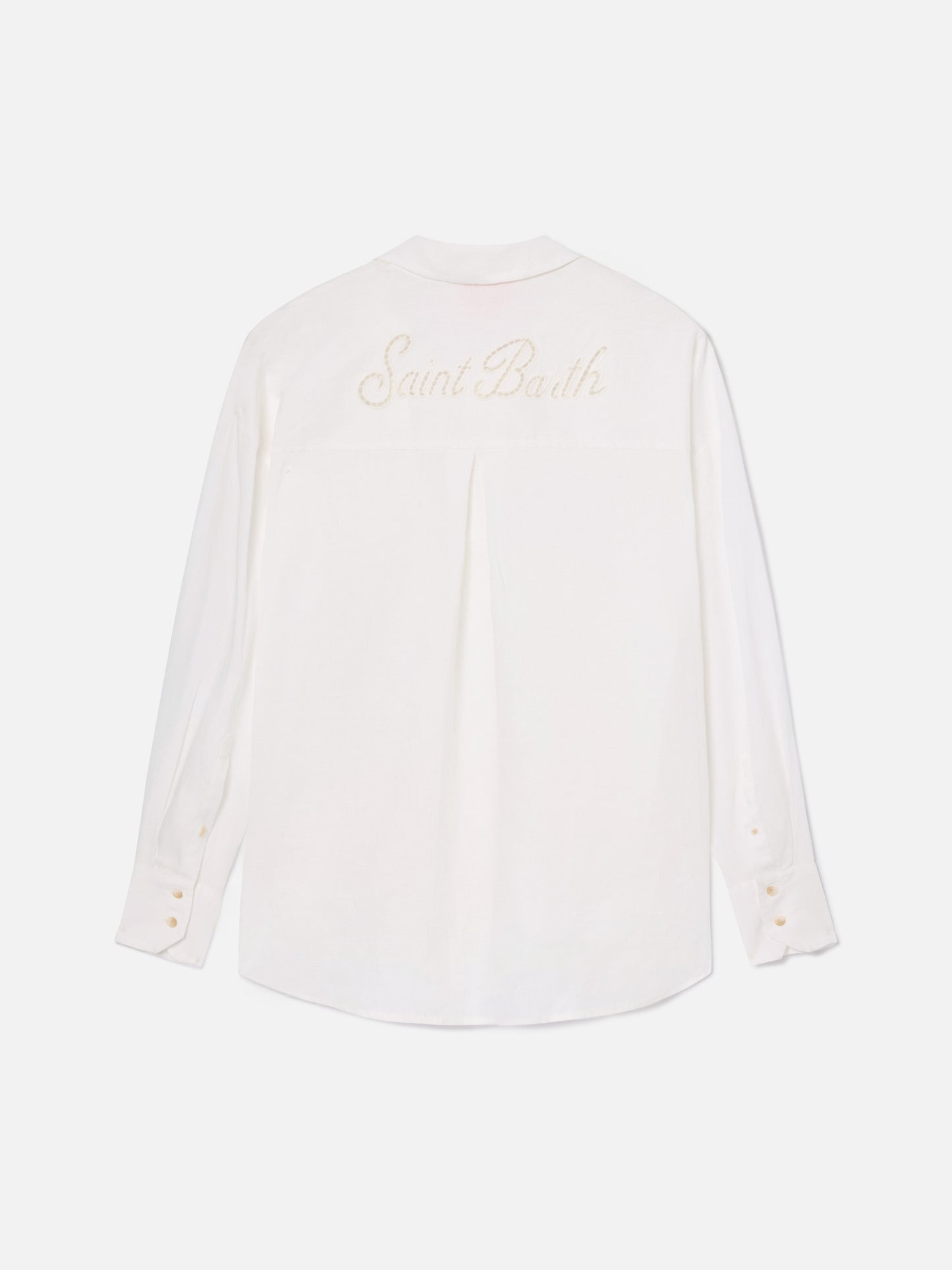 White linen Cristal shirt with perforated Saint Barth embroidery