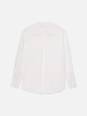 White linen Cristal shirt with perforated Saint Barth embroidery