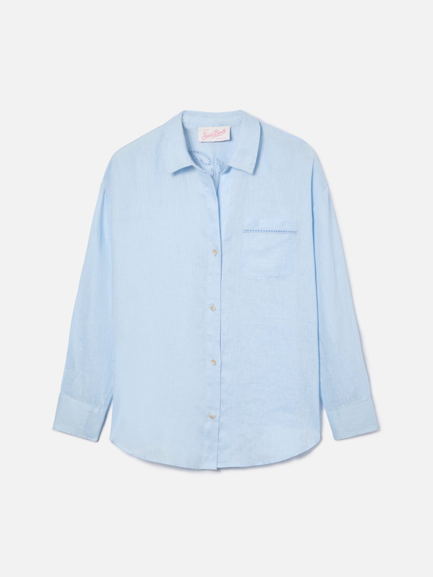 Light blue linen Cristal shirt with perforated Saint Barth embroidery