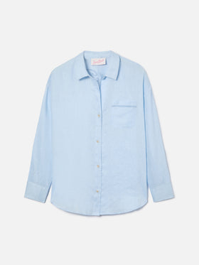 Light blue linen Cristal shirt with perforated Saint Barth embroidery