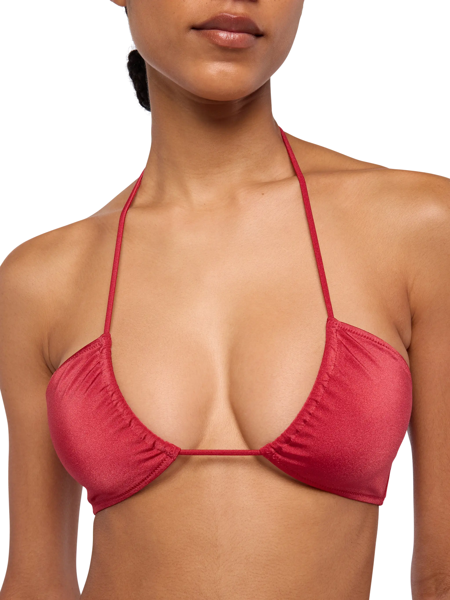 Noelle, schimmernde, ziegelrote, freche Badehose – Dahlia, schimmerndes, ziegelrotes Bandeau-Top