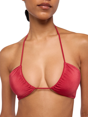 Noelle, schimmernde, ziegelrote, freche Badehose – Dahlia, schimmerndes, ziegelrotes Bandeau-Top
