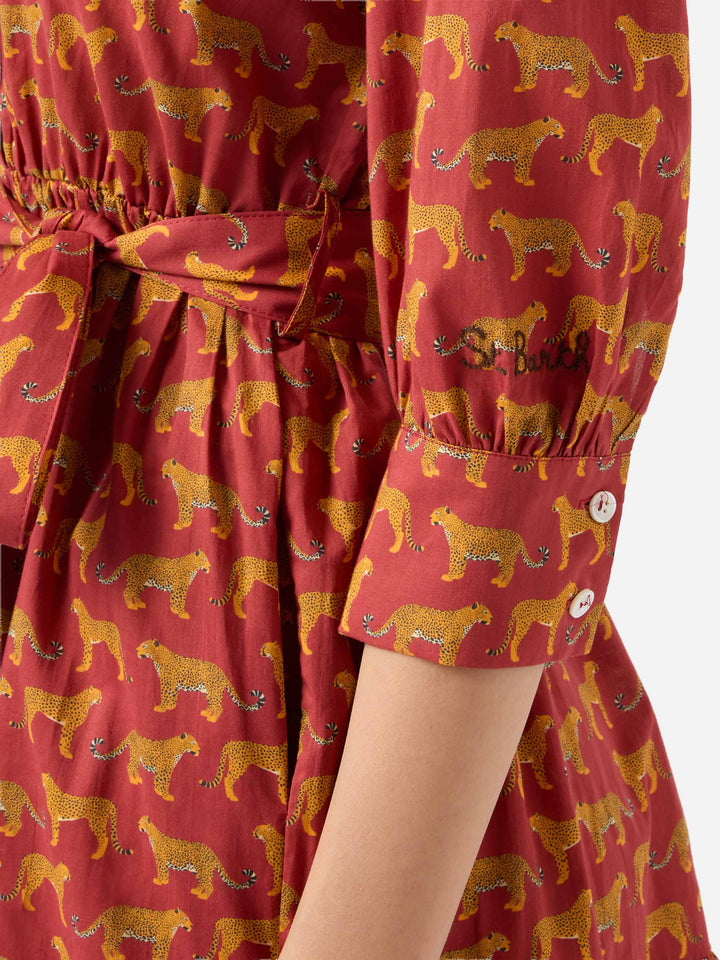 Abito corto in cotone stampa animalier con ricami