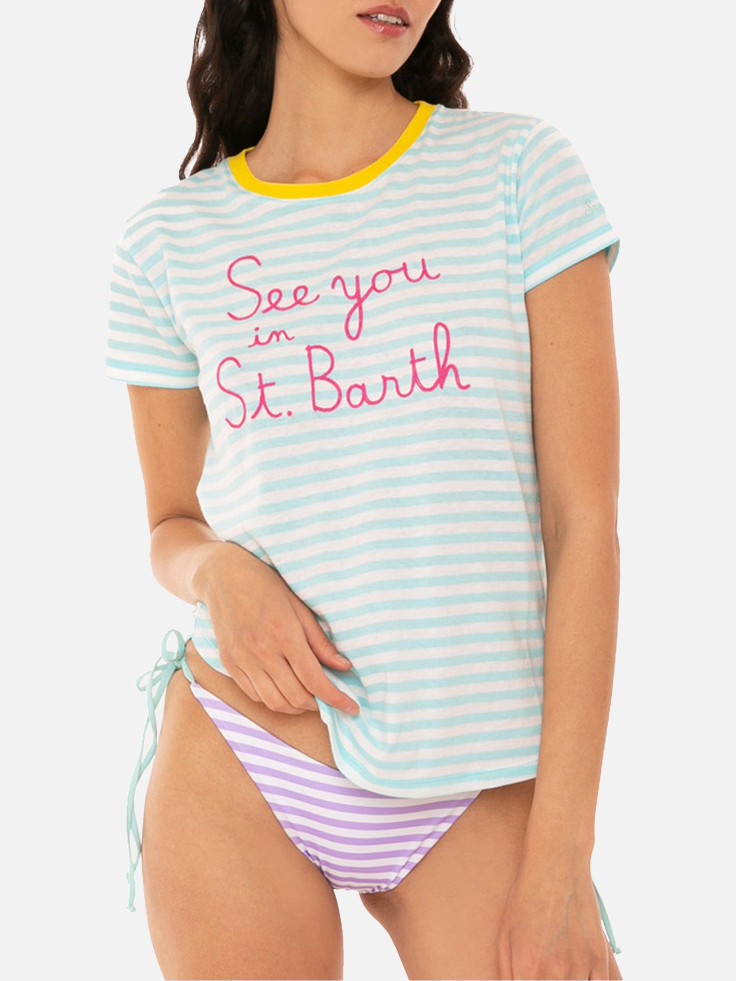 T-shirt a righe con ricamo See you in St. Barth
