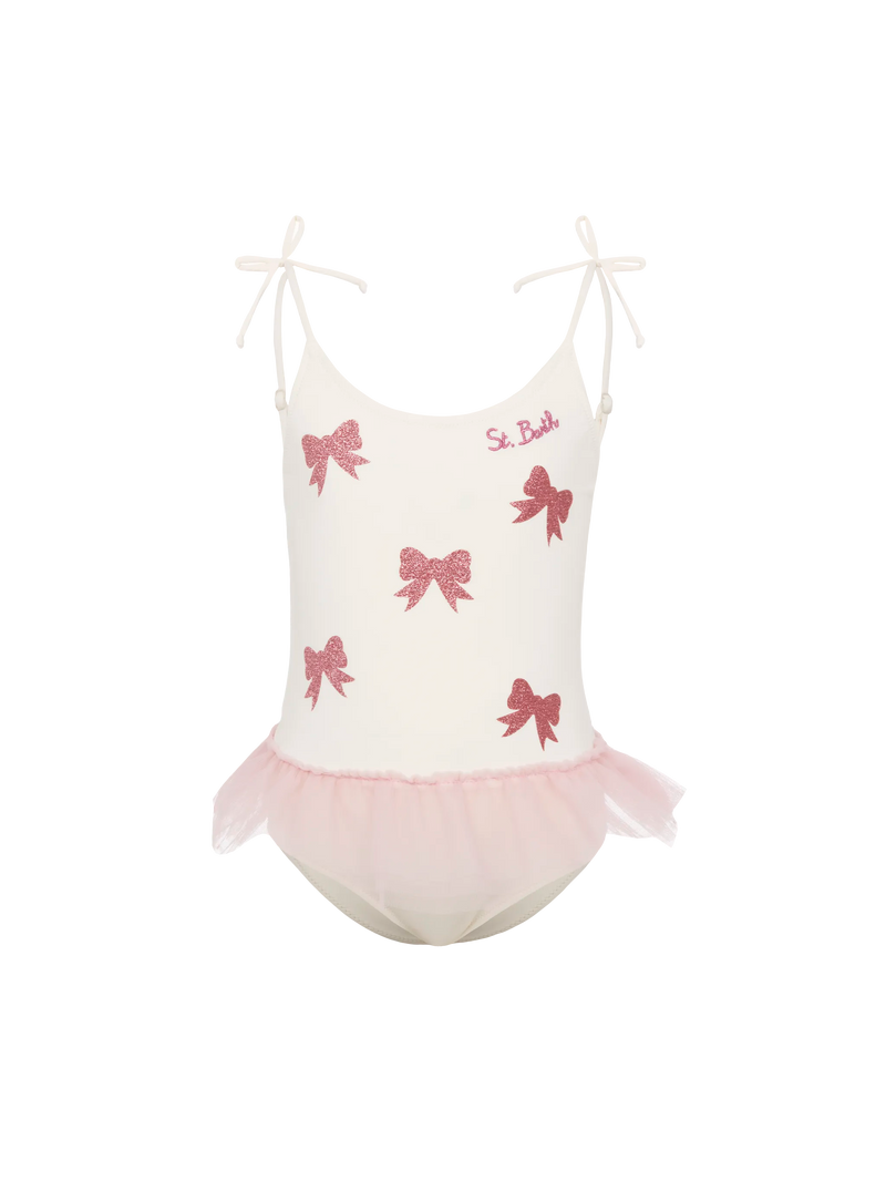 Dancer one-piece swimsuit with tulle ruffle and glittered
