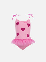 Costume intero Dancer con balza in tulle e cuori glitterati