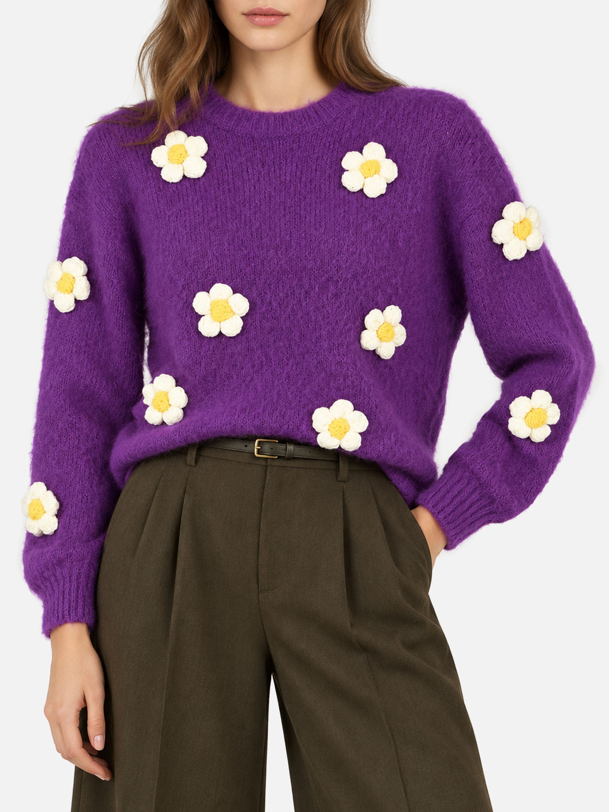 Pull col rond Purple Danya Soft avec appliqués marguerite 