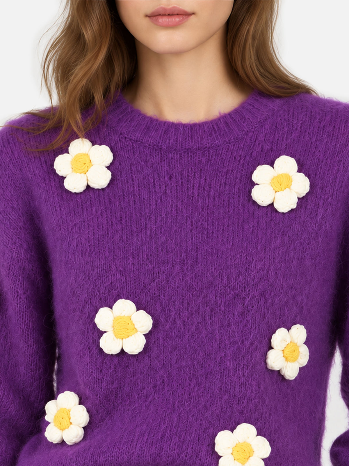 Pull col rond Purple Danya Soft avec appliqués marguerite 