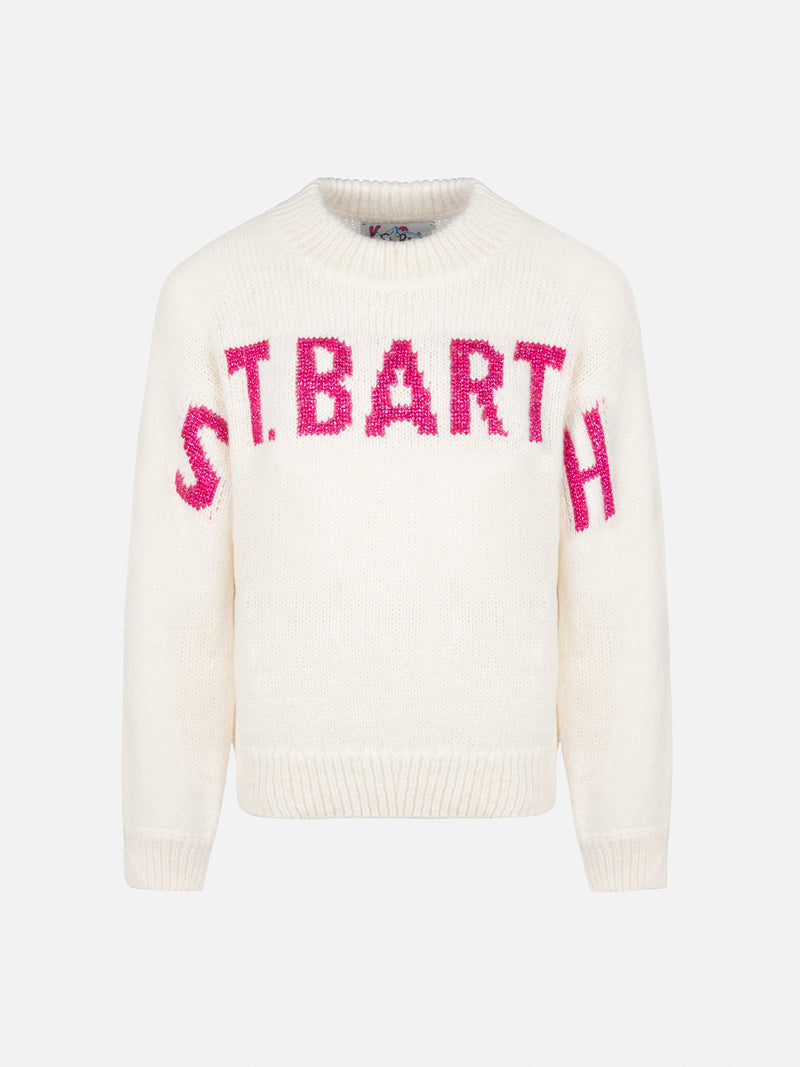 Girl pink crewneck sweater Danya with Saint Barth lurex logo