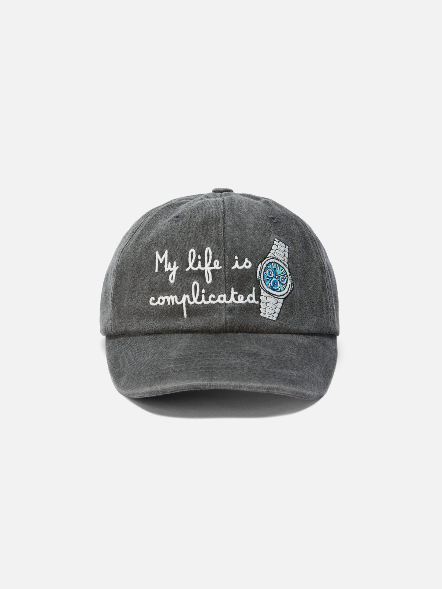 Cappello con visiera Davis in denim con ricamo My life is complicated