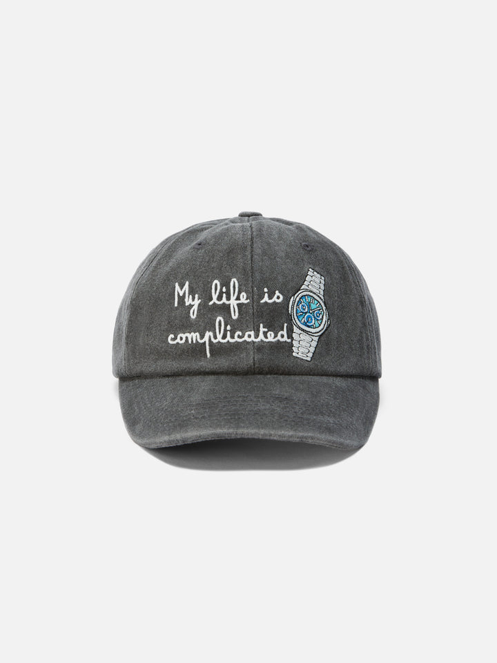 Davis Baseball Cap in denim with “My life is complicated” embroidery