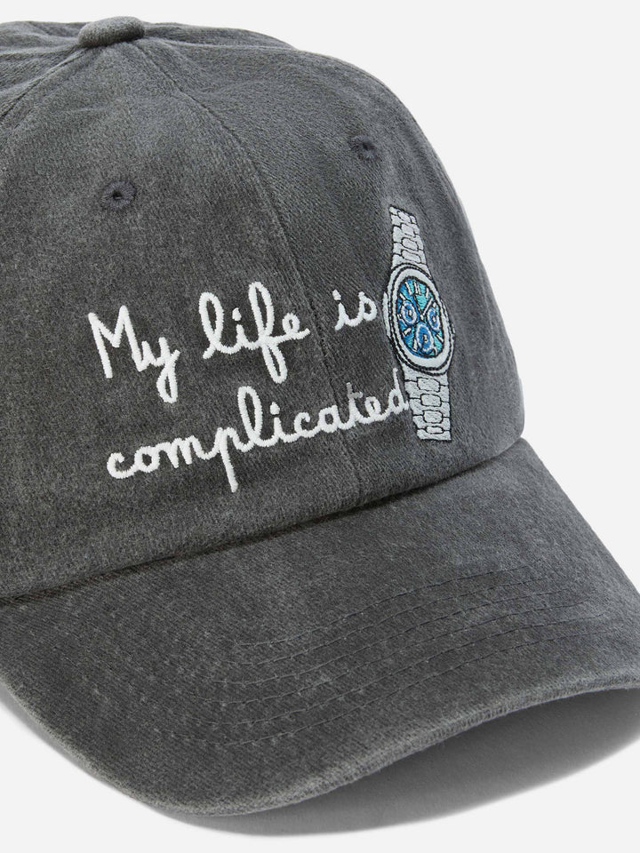Davis Baseball Cap in denim with “My life is complicated” embroidery