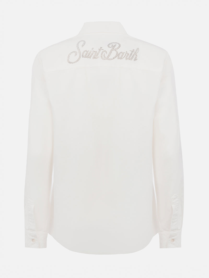 Camicia da donna in velluto a coste bianco sporco Deer con logo in strass St. Barth