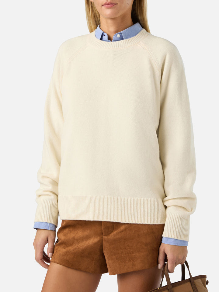 Cremeweißer Delphine Wollstrickpullover mit Rundhalsausschnitt 