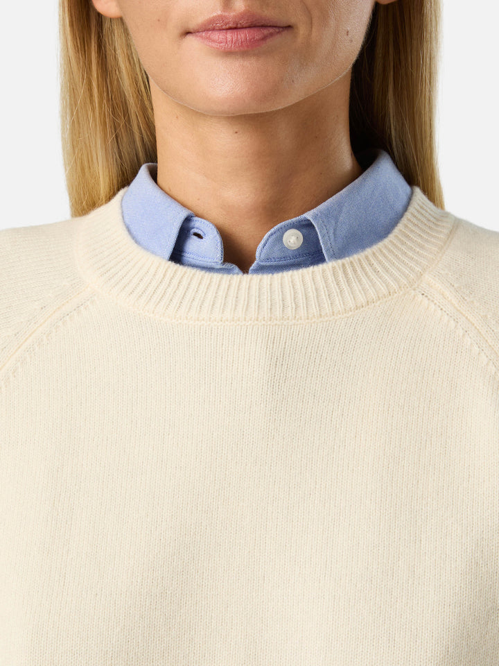 Cremeweißer Delphine Wollstrickpullover mit Rundhalsausschnitt 