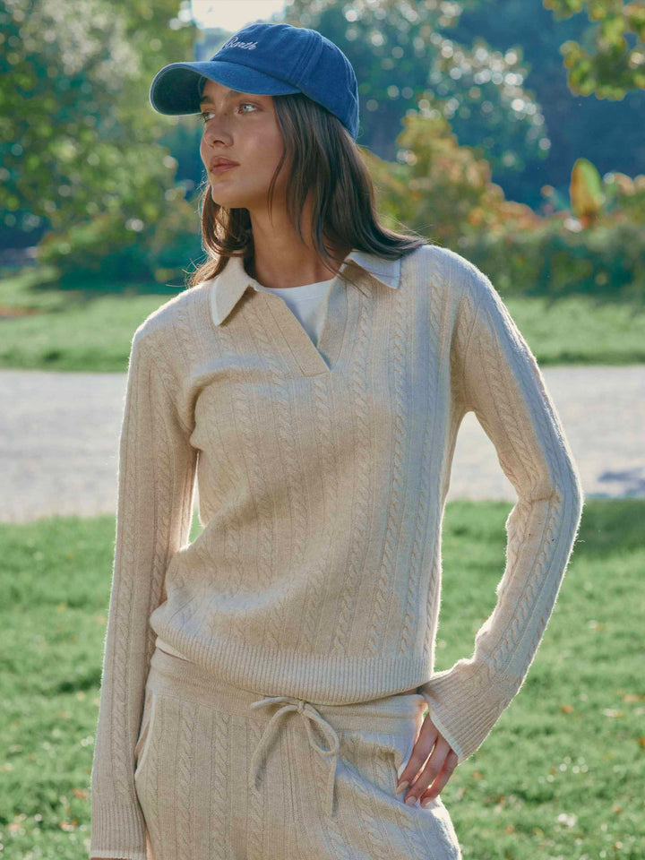 Polo de punto en lana Beige Clichy con cuello polo y puntada pointelle 