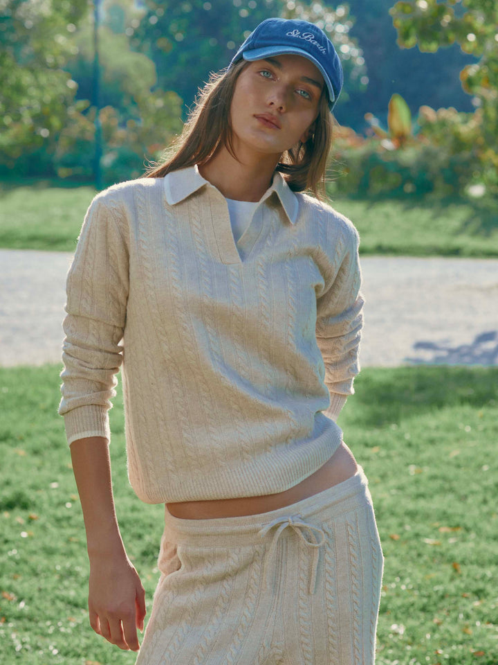 Pantalones de lana Dinard beige con ribetes en contraste 