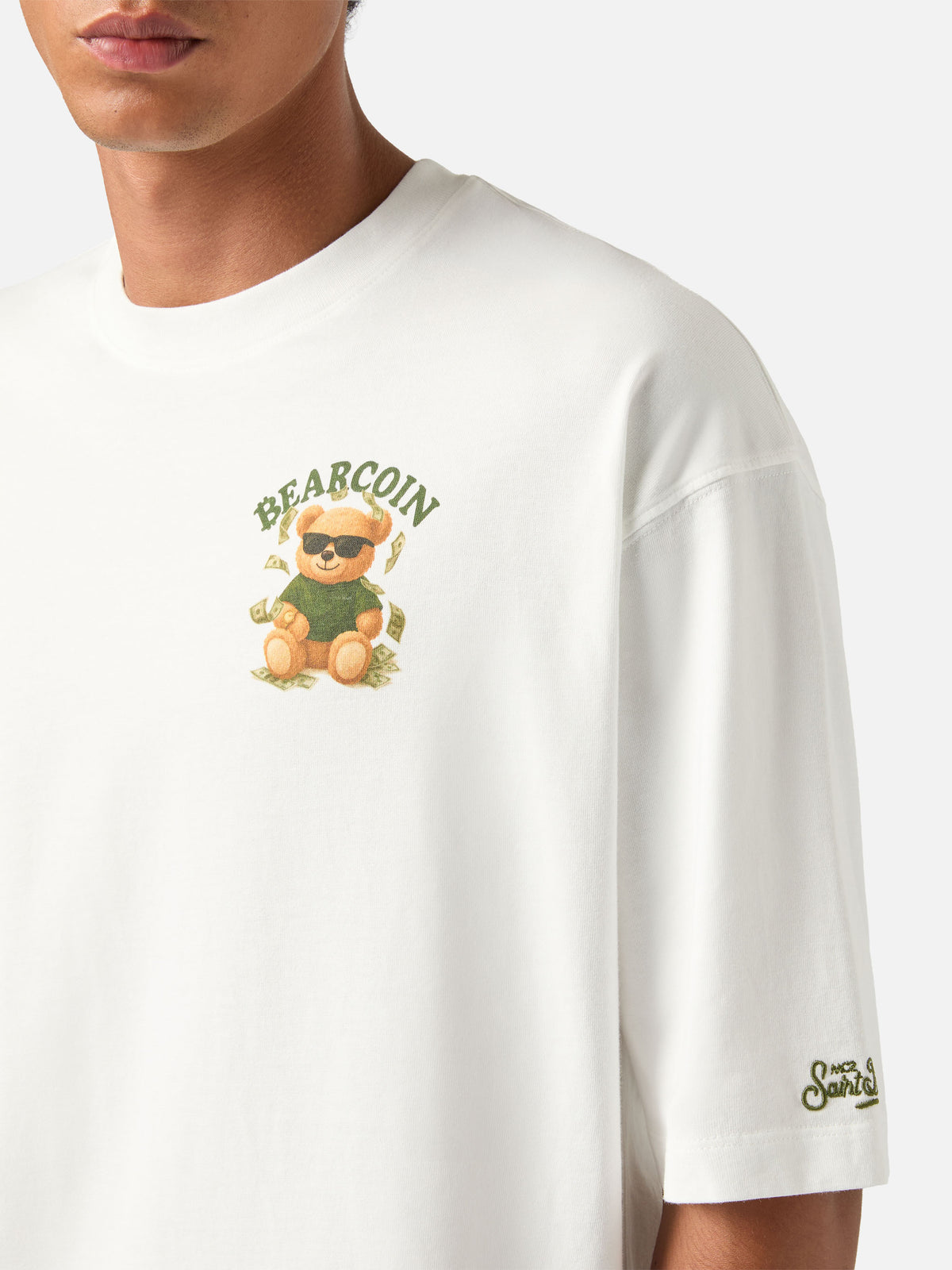 Weißes Oversize-T-Shirt aus Baumwolle Delmar mit Bearcoin-Print auf der Rückseite 