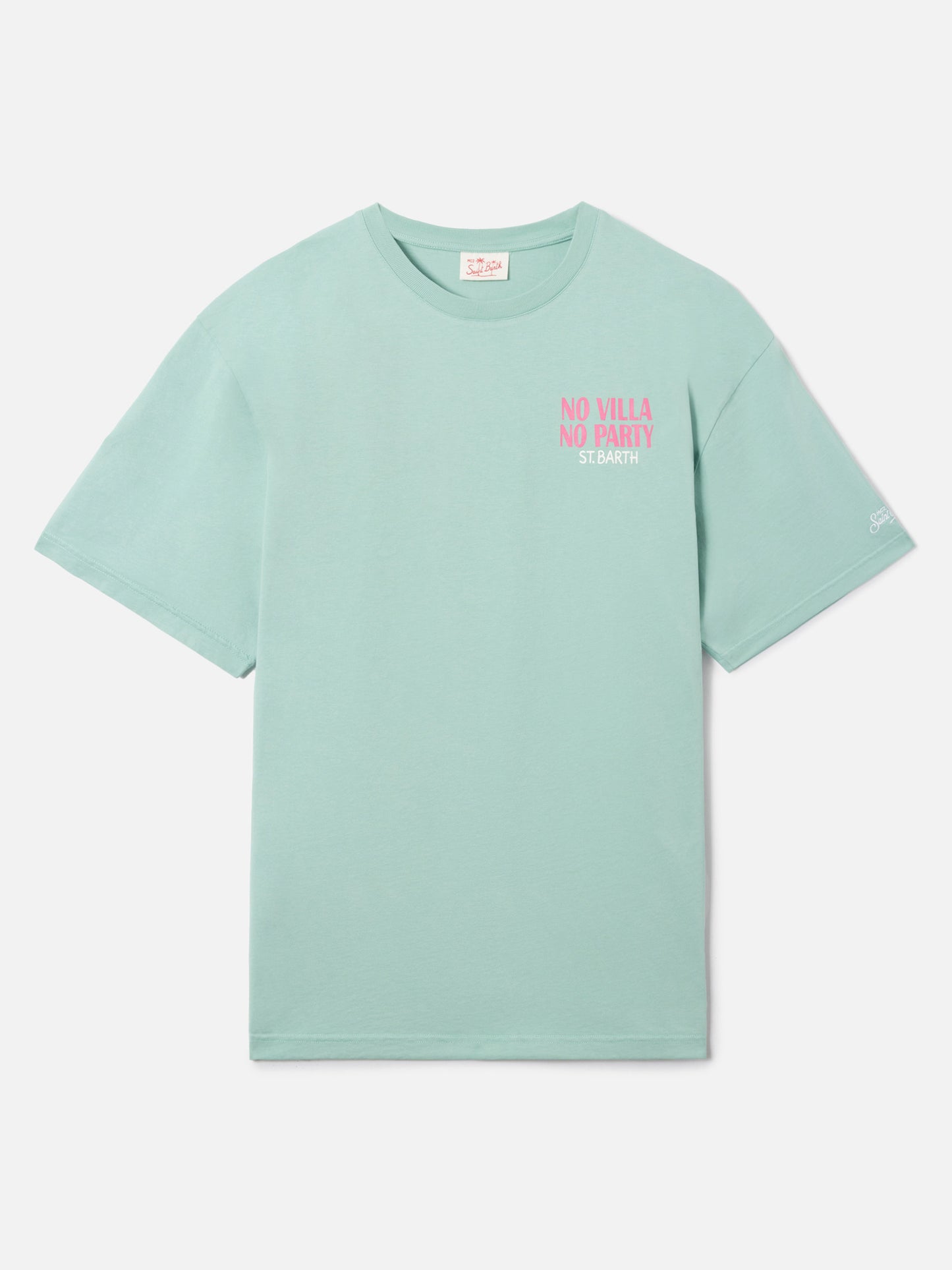 Green Delmar t-shirt with No Villa No Party print and maxi graphic on the back