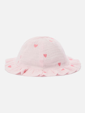 Pink Doremi sun hat with muslin heart embroidery