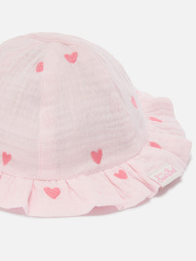 Pink Doremi sun hat with muslin heart embroidery